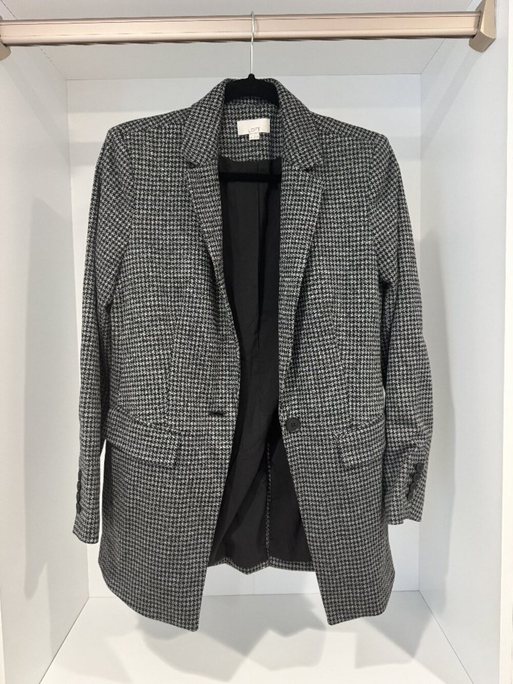 LOFT Houndstooth Longline Blazer Black White